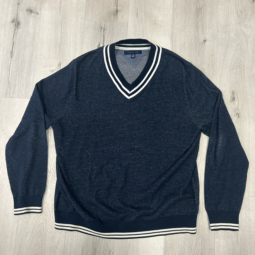Tommy Hilfiger Dark Blue V-Neck Sweater with White Trim XL Cotton Blend